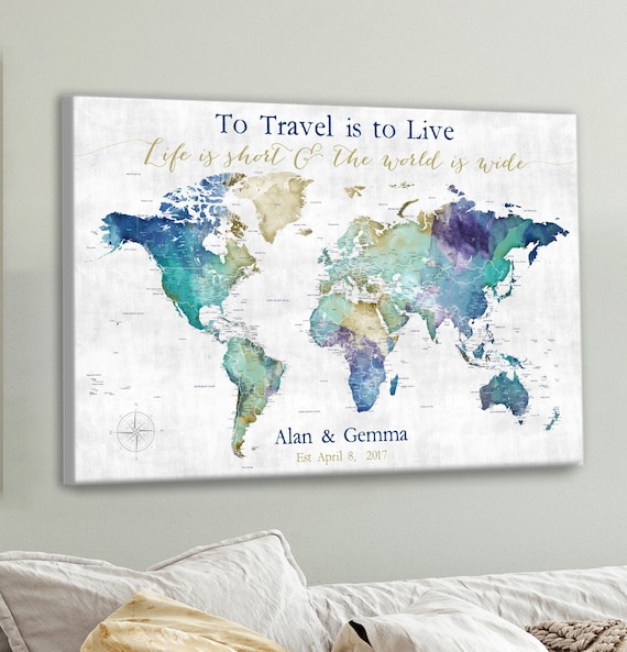 World Map with any title and Personalized Legend. To Travel is to Live Map of the World Print, Canvas, Framed Push Pin Map, Frame, Pin Board