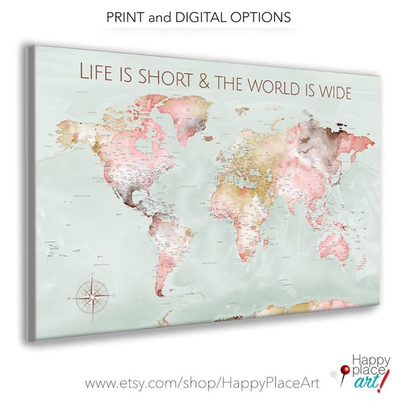 Pretty Push Pin Map for Wedding Gift, 1st Anniversary Gift for Travelers. Large Travel Pin Board Map with Canvas, Poster, Printable Options.