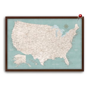 Modern USA Map with Vintage Look, Detailed USA cities for Push Pin Map, Canvas or Poster Wall Map of the United States for Family Adventures