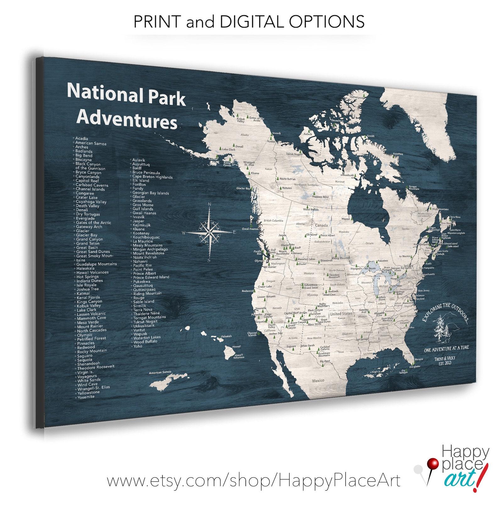 Canadian and US National Parks Map, Personalized Map With Quote, Gift