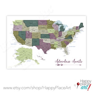 Detailed USA map with cities, and states labels. US map print with city names and state names added. Neutral colors. Push pin map idea