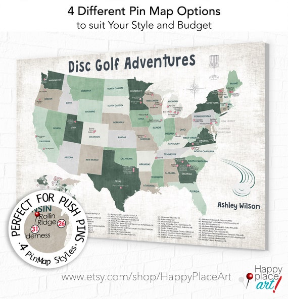 Map of Disc Golf Course Locations in USA, Disc Golfer Gift, Personalized World DiscGolfing Map, Disc Golf PinMap, Print or Disc Golf Canvas