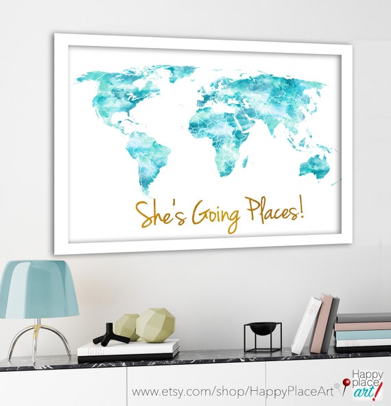 She's Going Places, World Map, Aqua and Gold World Map, Turquoise World map Canvas, Teal World Map Push Pin, Girls World Map, World Map Pin