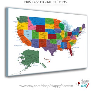 Detailed USA map with cities, and states labels. US map print with city names and state names added. Neutral colors. Push pin map idea