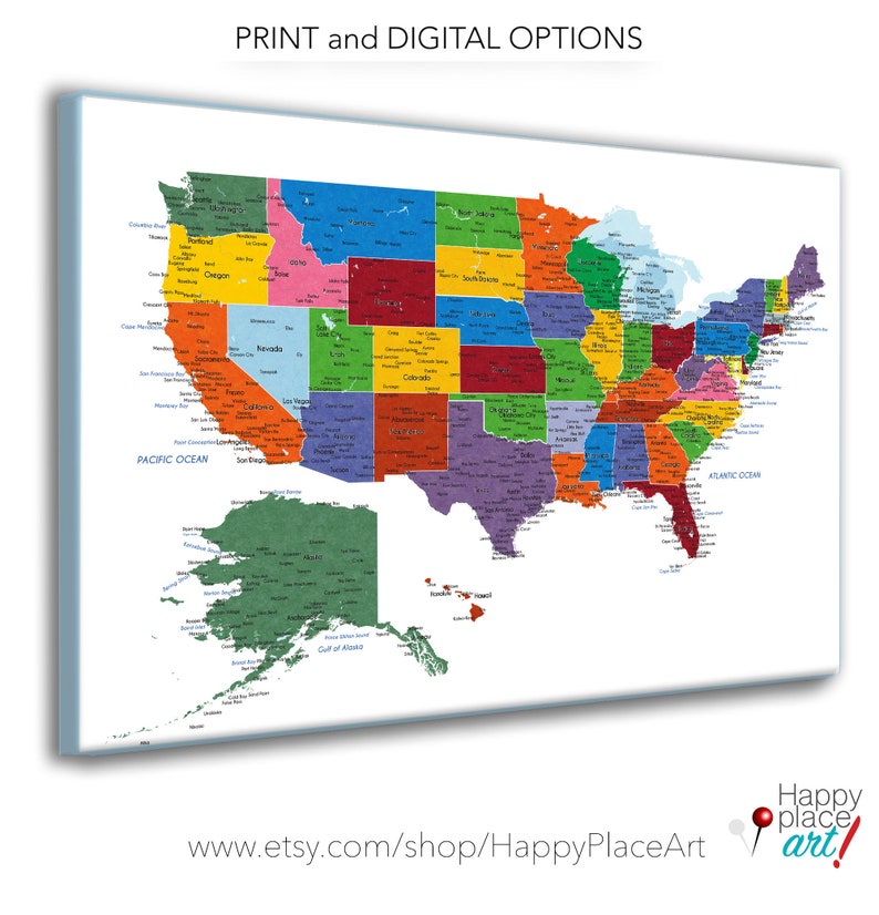 Detailed USA map with cities, and states labels. US map print with city names and state names added. Neutral colors. Push pin map idea image 1