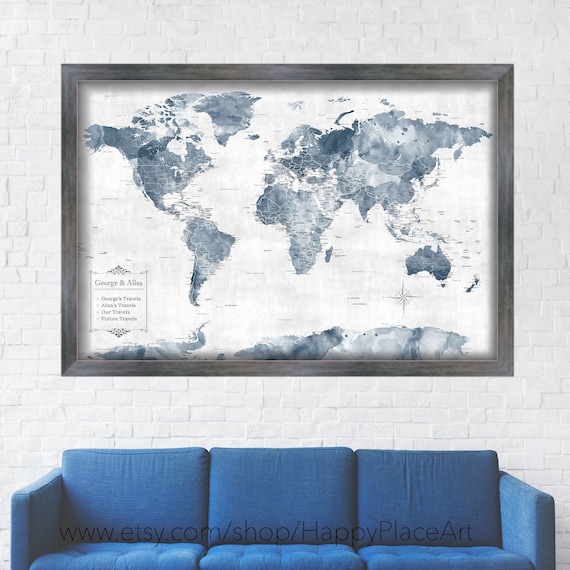 Framed Push Pin Map, Also Canvas and Un-Mounted World Map Styles Personalize with Names, Special Anniversary Date Gift for Husband / Couple