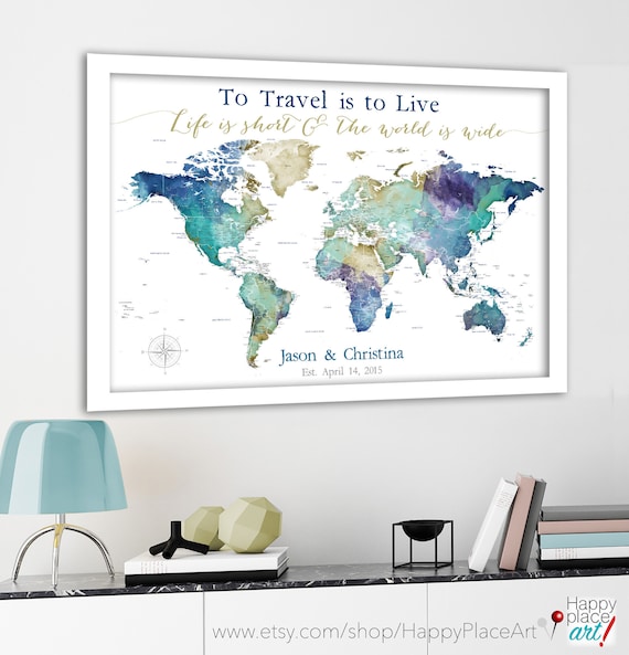 Gift for Wife, Framed World Map Push Pin Travel Map with Names & Date, Canvas Wall Map with Personalized Travel Print, Family Adventure Map