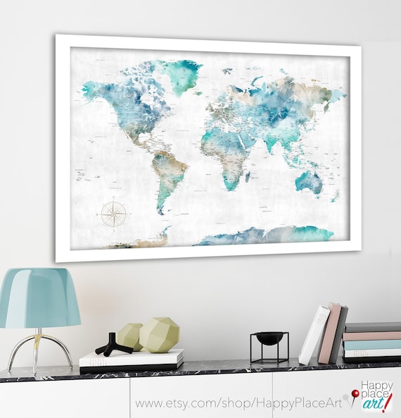 Travel map for Push Pins, World Pin Map, Foamboard for pins, Print, Canvas Map, Personalization, Aqua Blue Map, Gift for Wife Travel Quote