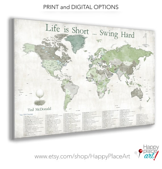 Push Pin Map of World Top 100 Golf Courses, Anniversary gift for wife, Personalized golf gift for husband, Golfing couple. Golfers pin map