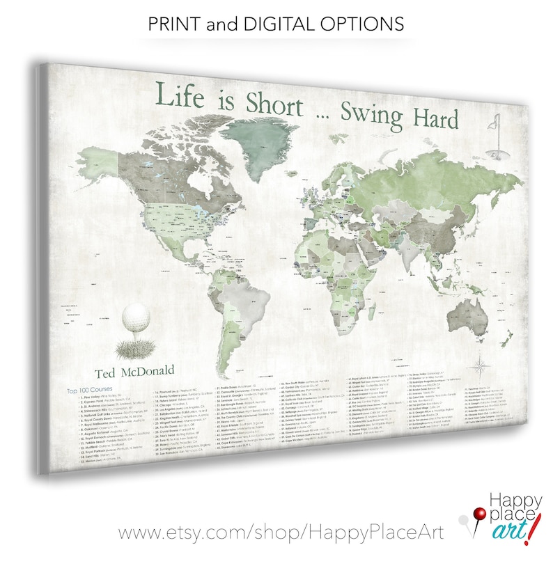 Push Pin Map of World Top 100 Golf Courses, Anniversary gift for wife, Personalized golf gift for husband, Golfing couple. Golfers pin map image 1