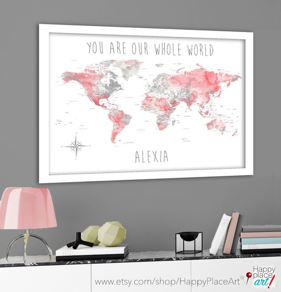 Coral Red Print, Personalized Nursery Wall Art World Map, Coral Pink & Gray, Watercolor Map, Our Greatest Adventure, Oh The Places You'll Go