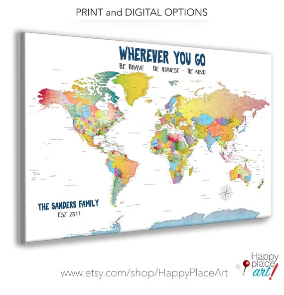 Personalized Family World Map, Colourful Map Print, Canvas Push Pin Map of World, Gift for Family, Traveling Gift, Wherever You Go, Be Kind