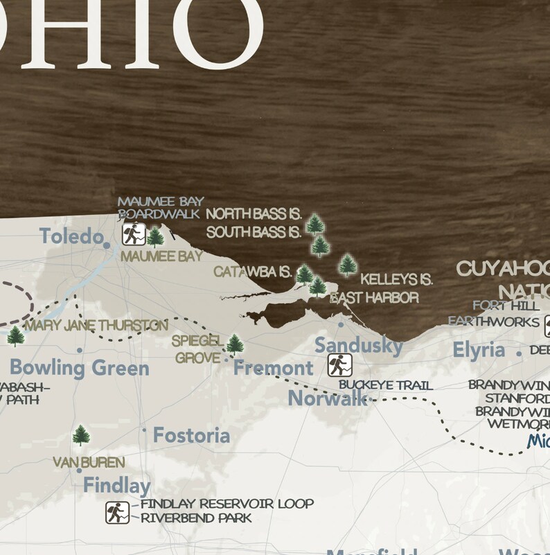 Ohio State Map Office Wall Art, Gift for Hiker, Active outdoor Adventures in Ohio, State Park List Optional Personalization Push Pin Map imagem 6