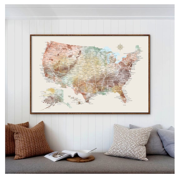 USA Map -Push Pin Travel Map of the US, Soft Pastel Watercolor USA map, Personalization for Gift for Travelers, Wall Art for rv Camper Decor