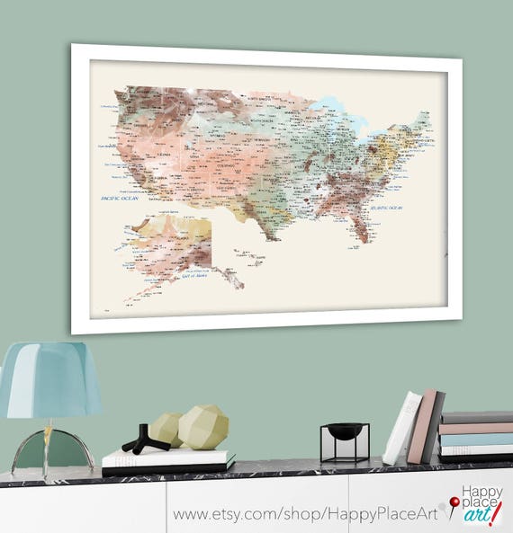 USA Map with States, City Labels, USA States, Push Pin USA Map, Personalised Travel Map, Map Push Pin, Watercolor usa map, Canvas us map