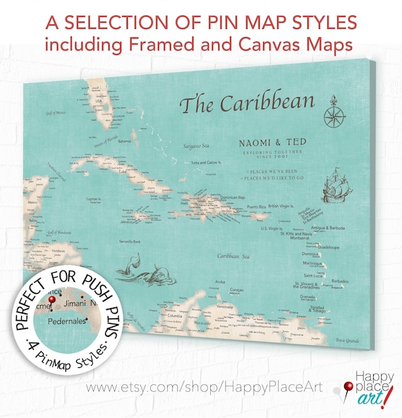 Personalized  Push Pin Map of Caribbean with Frame or Ready to hang Canvas Pin Map, Island Sailing Adventures, Caribbean Cruise Island Map