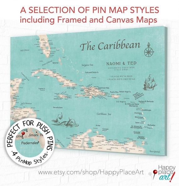 Personalized  Push Pin Map of Caribbean with Frame or Ready to hang Canvas Pin Map, Island Sailing Adventures, Caribbean Cruise Island Map