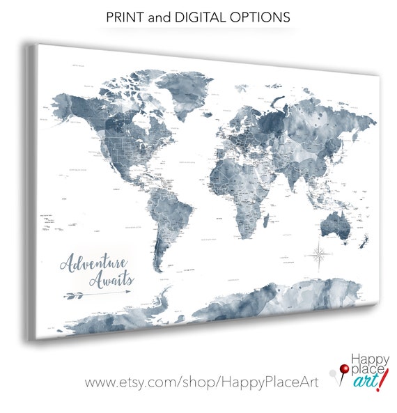 Adventure Awaits Large World Push Pin Map for Family Adventures, Map with Legend Key and Family Members Travels, Print or Canvas Wall Map