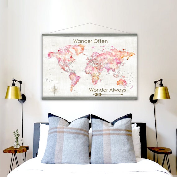 Coral Pink Gray Canvas Wall Map Art Print, Girls Nursery Map of the World, Canvas Map of The World, Large Travel Map, Wander Often