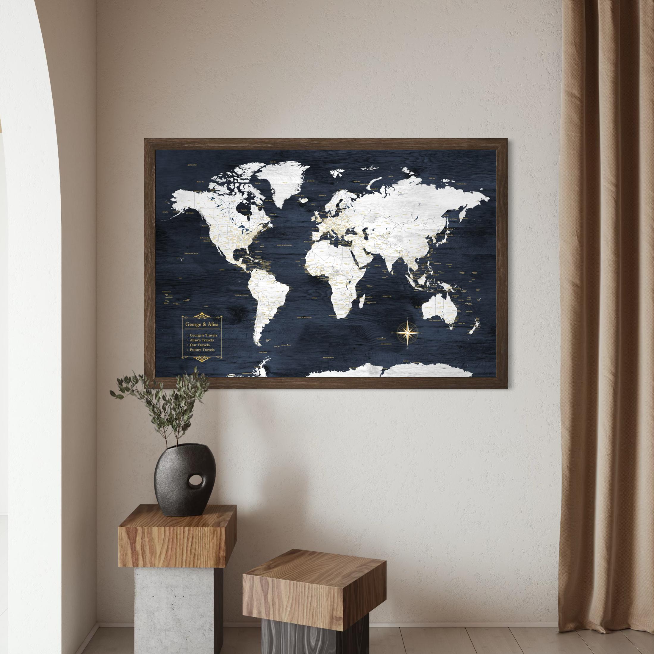 Anniversary Gift, World Map, Personalized Legend & Text, Navy and