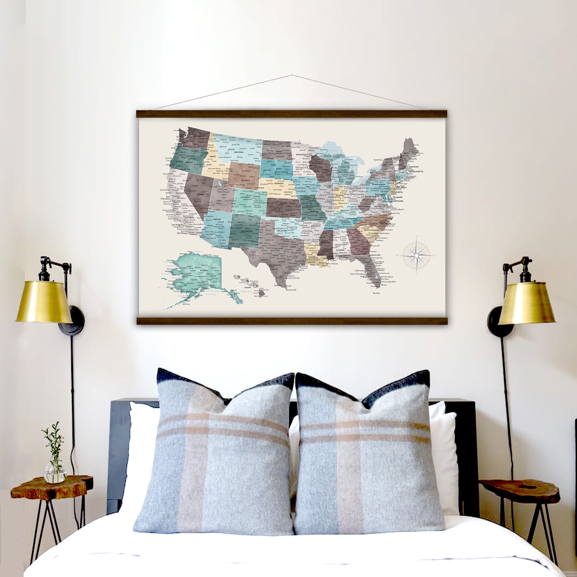 Simple Large US map on canvas, USA Wall Map with Frame, Design & size options, RV Wall Decor Map