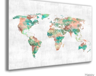 HUGE 72 inch Coral and Mint Green WORLD map Print or download the file. Aqua Watercolour World map Poster. Suit Push pin or travel journal.