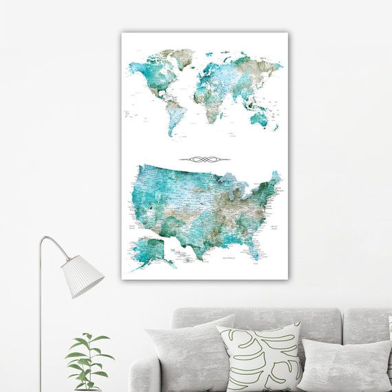 Two maps in one print. USA and World Pin Maps, Gift for Husband, Housewarming gift for military family. Canvas Travel Pin map for Traveler