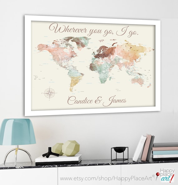 Romantic Personalized World Map Print, Customize the message, 1st anniversary gift for Husband, Paper Anniversary for wife, World Travels