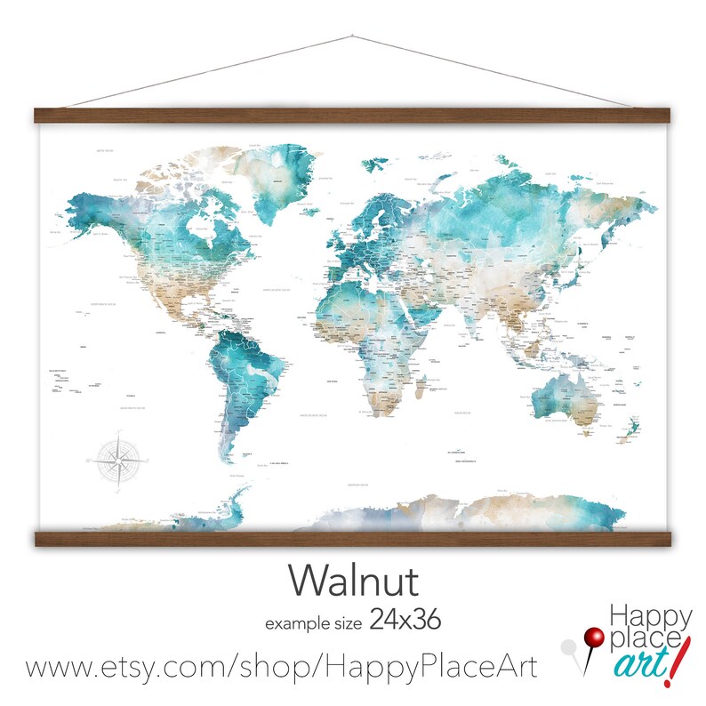 Teal World Canvas Map, Large Wall Map Art Print, Canvas Map of the ...