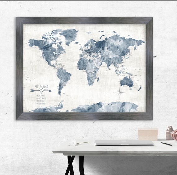 Muted Blue Gray World Map with Cities, Large Watercolor Map in Denim Blue, Push Pin Map of World. Hampton Style Wall Map with USA states,