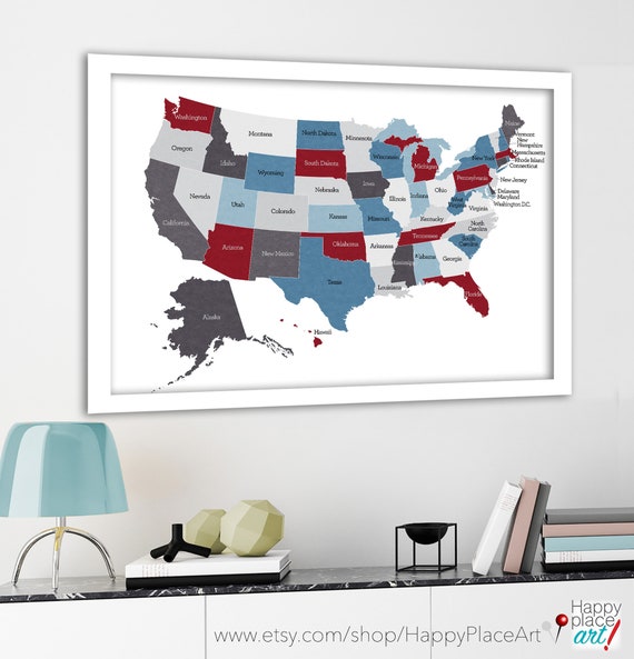 USA Map with States labelled & Marked US map in Red, White, Blue, Educational USA Map, Push pin map idea, Travel Pin, Road Trip Map Pinning