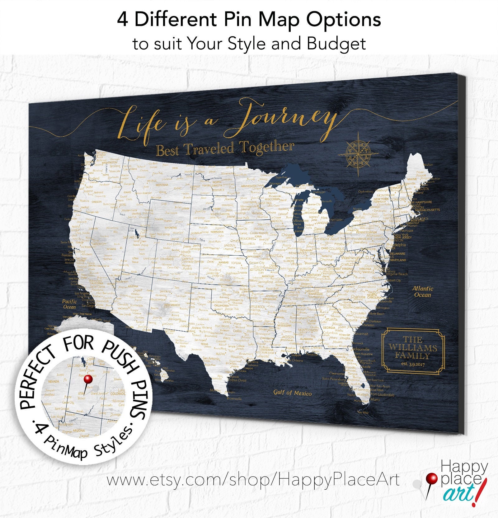 Push Pin Map Executive Style 13x19 Personalized Travel Map 