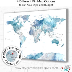 Soft color Print, Highly detailed map, Cities and state names, Subtle, watercolor world map, Blue and Gray, Push Pin Map, Canvas print map image 8