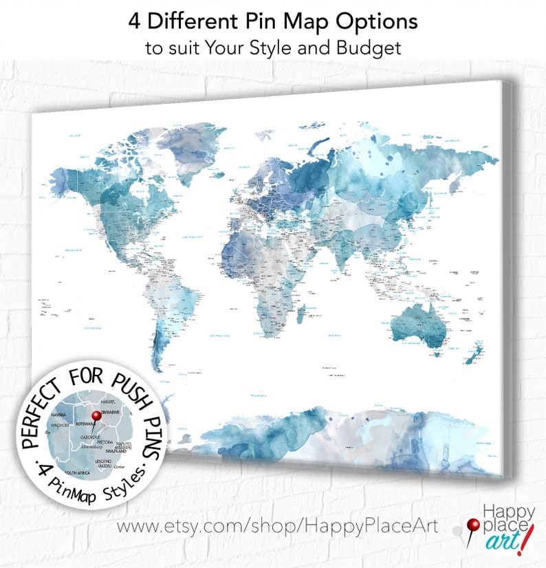 Soft color Print, Highly detailed map, Cities and state names, Subtle, watercolor world map, Blue and Gray, Push Pin Map, Canvas print map image 8