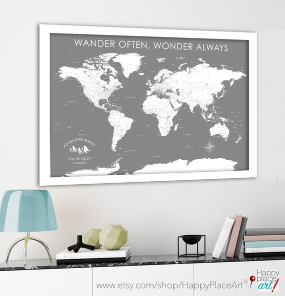 Minimalist World Map with detailed labels, Gray and White Wall Art, Personalized Push Pin Map, Canvas, Print. Housewarming Gift Travel Theme