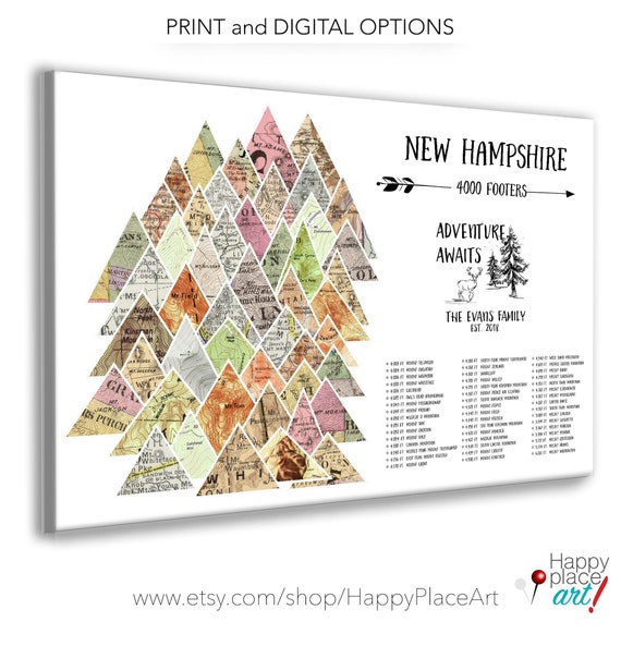 NH Mountain Peaks Print, New England Peak Bagging, New Hampshire 4000 ft footers, Adventure awaits, Adventurous Hikers Wall Art Push Pin Map
