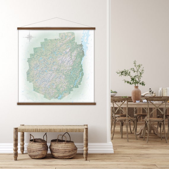 Adirondack Rivers and Lakes Map, ADK Fishing Map Gift, New York Adirondack Park Fly Fisherman, Large Hanging Canvas,Log Cabin Wall Art Print