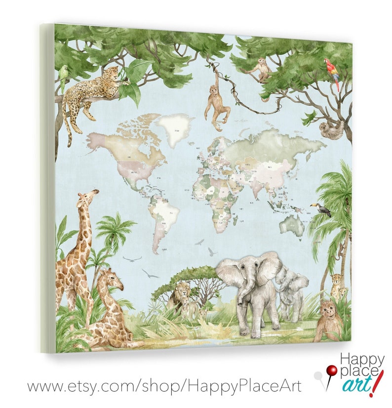 Jungle Nursery Decor World Map, Large Gender Neutral BabyAnimal Name Art on Canvas Or Framed Watercolor Safari. Personalized Jungle Scene image 1