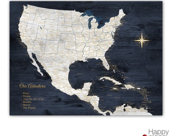 Map with USA Mexico & Caribbean. Large Navy Map for North American Adventurers. Push Pin Map, Large Print or Digital Download Printable.