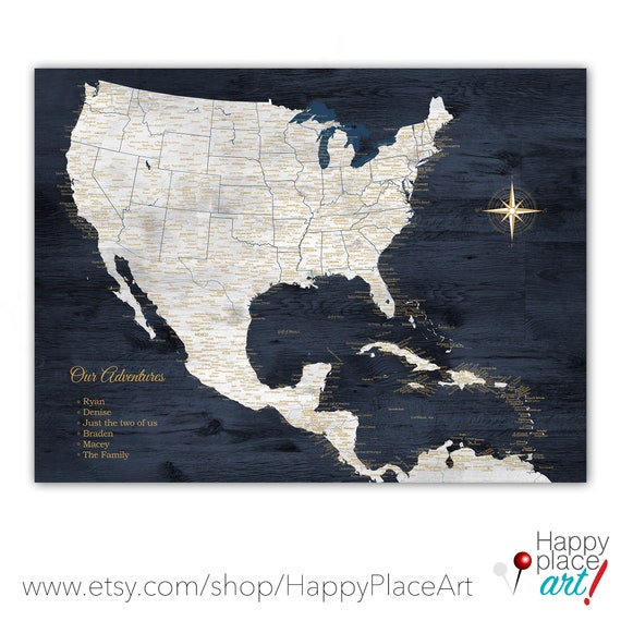 Map with USA Mexico & Caribbean. Large Navy Map for North American Adventurers. Push Pin Map, Large Print or Digital Download Printable.