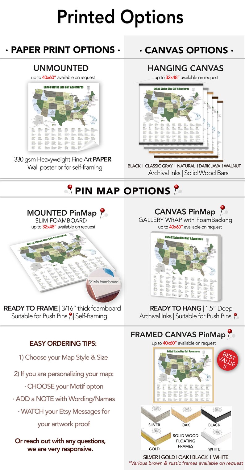 May include: Printed options for United States Disc Golf Adventures maps. Options include unmounted paper prints up to 40x60 inches, hanging canvas prints up to 32x48 inches, mounted pin maps, canvas pin maps, and framed canvas pin maps.