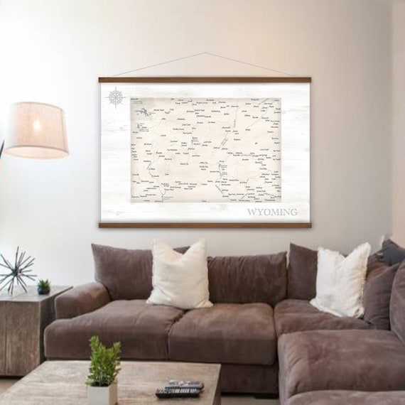 Hanging Canvas Wyoming Map, Large State Wall Map of in Neutral Colors, Touring RV Decor, Mark off WY State Adventures, Office Wall Art Map