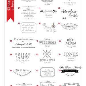 May include: A collection of personalized family and travel-themed designs. The image showcases various styles of custom art, including names, dates, and phrases like "Adventure Awaits" and "Our Family Travels". The designs are in a variety of fonts and layouts.