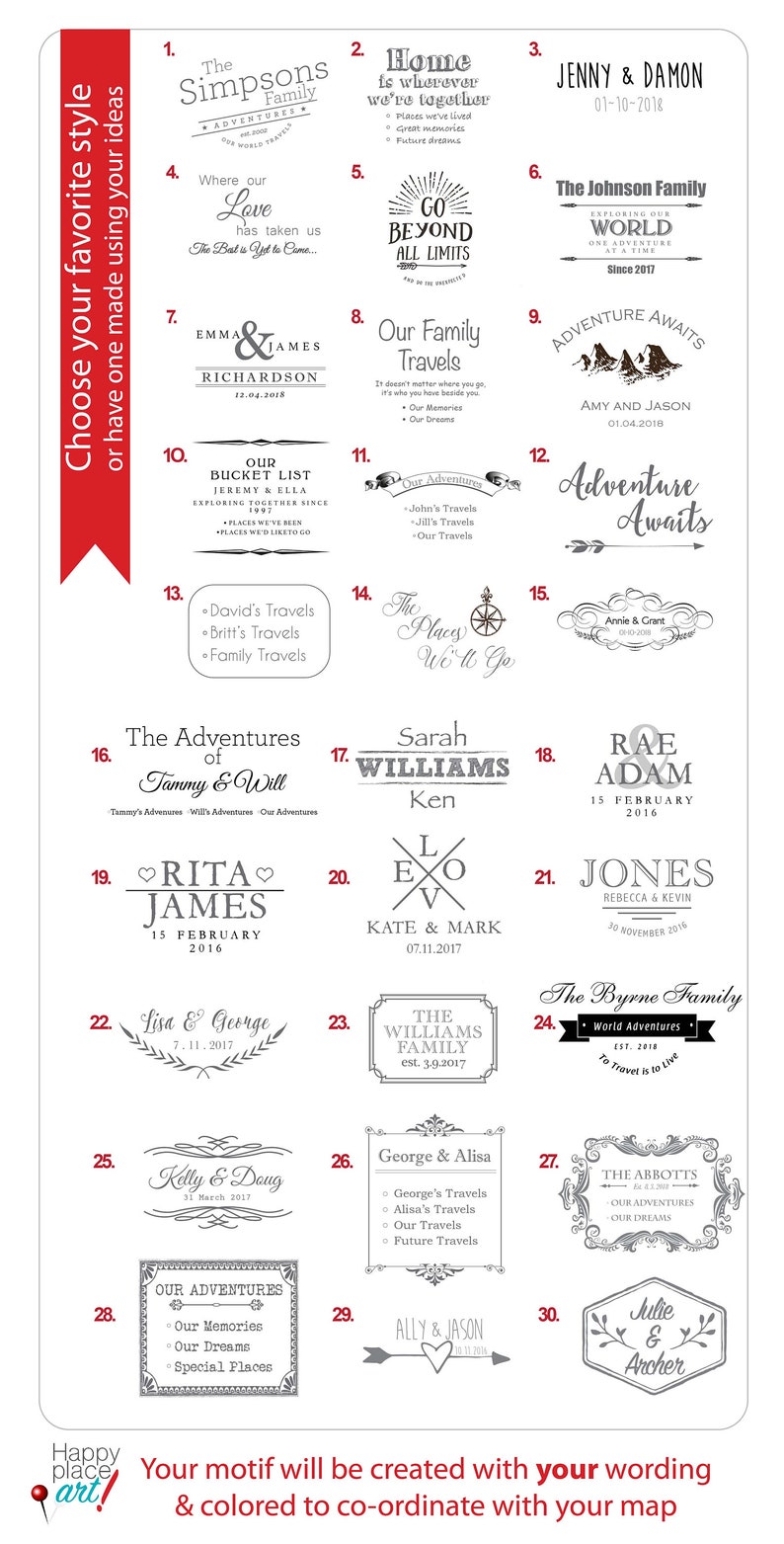 May include: A collection of personalized family and travel-themed designs. The image showcases various styles of custom art, including names, dates, and phrases like "Adventure Awaits" and "Our Family Travels". The designs are in a variety of fonts and layouts.