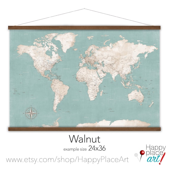 Vintage Style Canvas Wall Map Art Print with modern world map cities, USA states, World Travels Canvas Map of The World, Large Travel Map