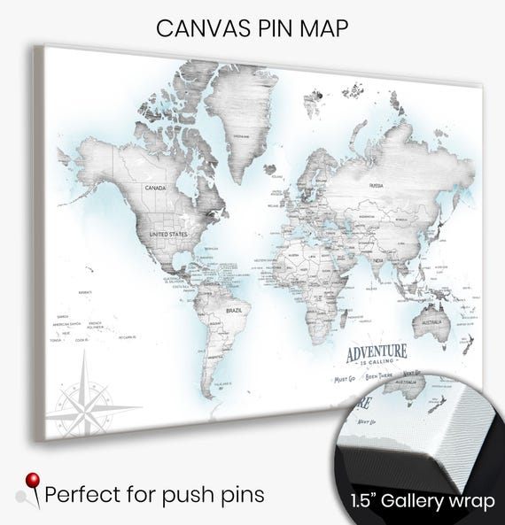 World Map in Neutral Colors, Personalized Push Pin Travel Map, Gray Woodgrain Wall Map for Pins, Adventure Wall Art Map, Gift for Him