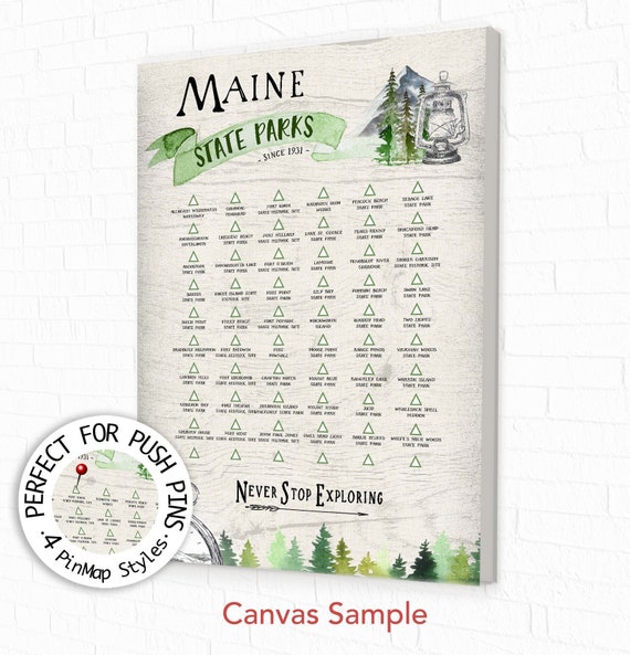 Maine State Park Checklist / PinBoard, Canvas Print of ME State Parks List & Historic Sites Print, Personalized Family Hiking Adventure Gift