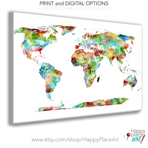 Brightly Colored, World Map Canvas, or pushpin map, Gender neutral, child's bedroom, nursery art, play room poster, PUSH PIN world map gift