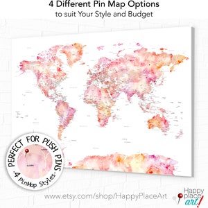 Pretty World Map, Pink Watercolor Map, Personalized Framed Pin Map to ...