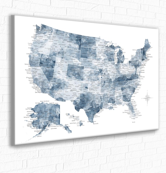 USA Travel Pin Map Print or Canvas Push Pin Map, Custom Frame Option, US Pin Map incl Personalization, Detailed cities. Blue White Wall Map